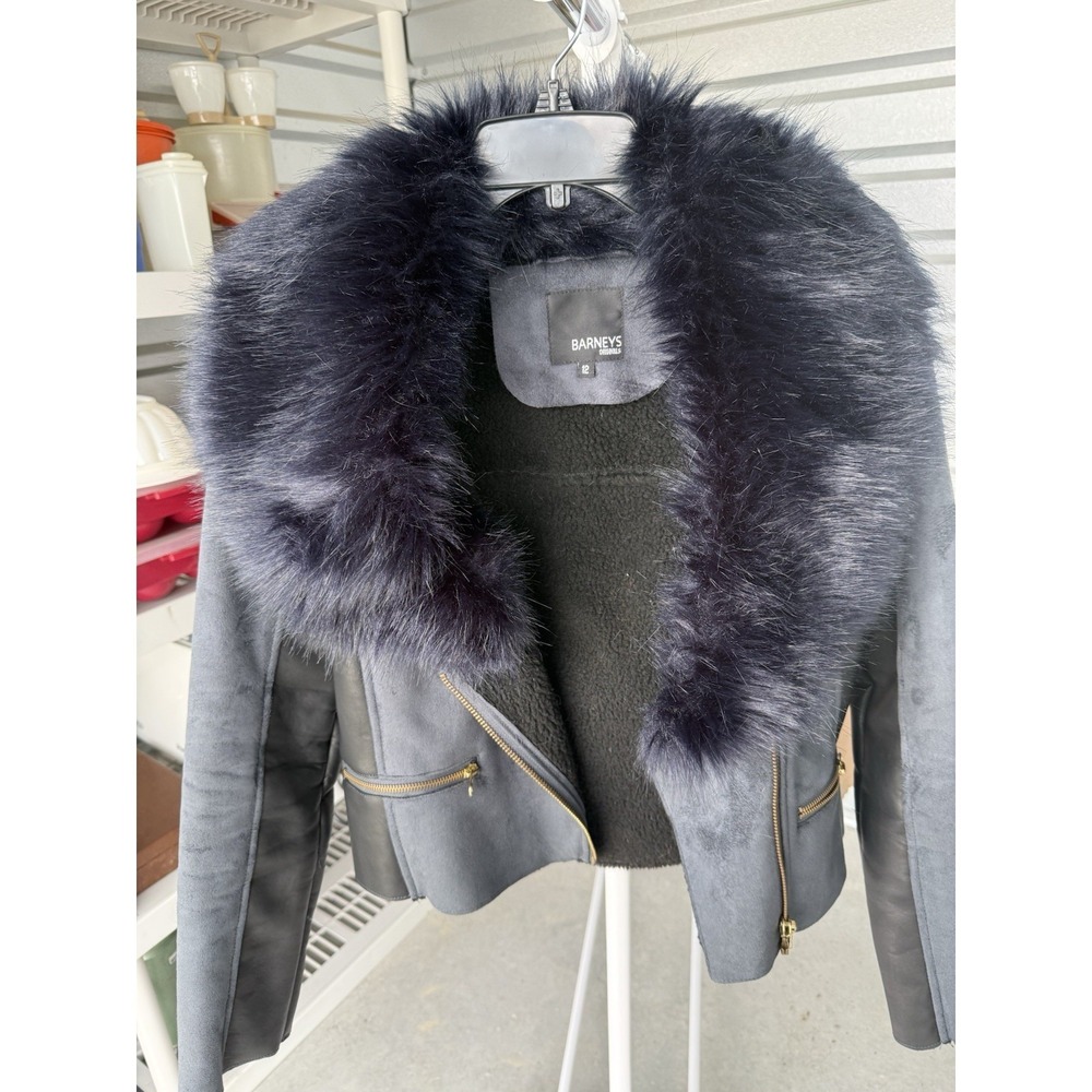 Barneys Originals Womens Size 12 Faux Shearling Moto Jacket Fur Collar Gray